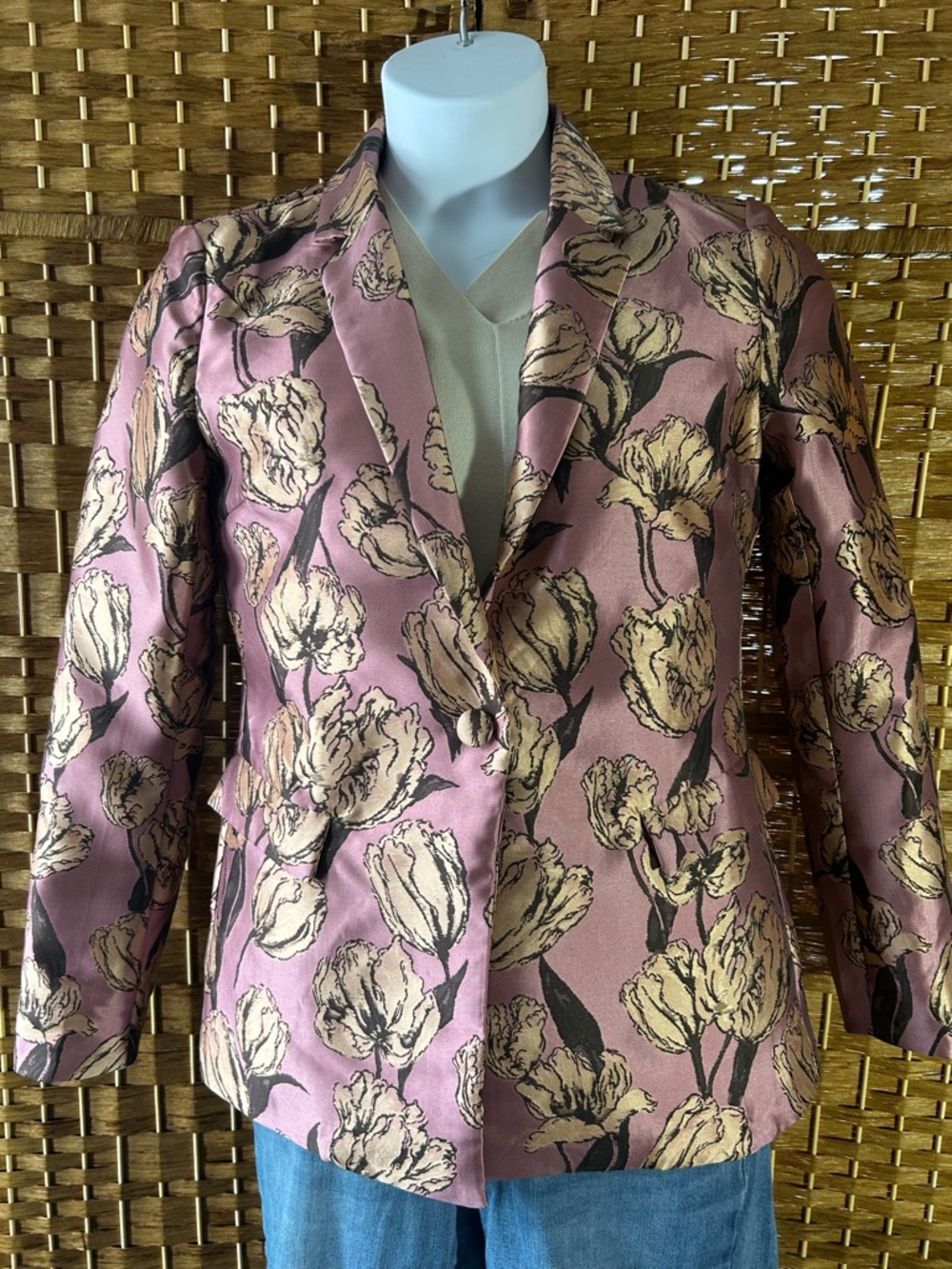 Pink Gold Floral Jacquard Blazer Structured Jacket Office Party Career M
